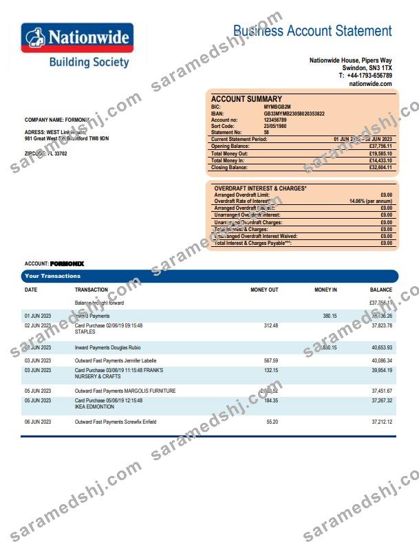Nationwide Building Society firm bank statement Word and PDF template